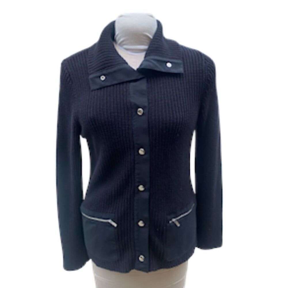 Jones New York Sport Cardigan Black Snap Front Zip Pockets Sz. L